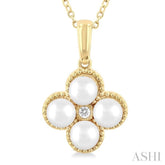 4 MM Clover Cultured Pearl and 1/50 ctw Round Cut Diamond Fashion Pendant With Chain in 10K Yellow Gold
